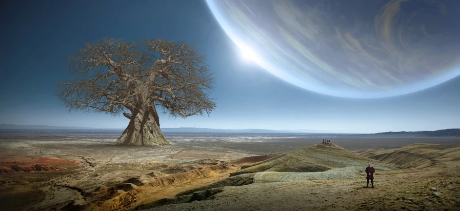 a man standing on top of a hill next to a tree, inspired by Johfra Bosschart, space art, arid planet, gorgeous composition, spacehip lands, wideshot