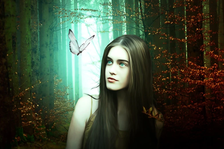 a woman in a forest with a butterfly above her head, digital art, inspired by Anne Stokes, edited in photoshop, emma watson as galadriel, epic 3 d abstract emo girl, arya stark as venus