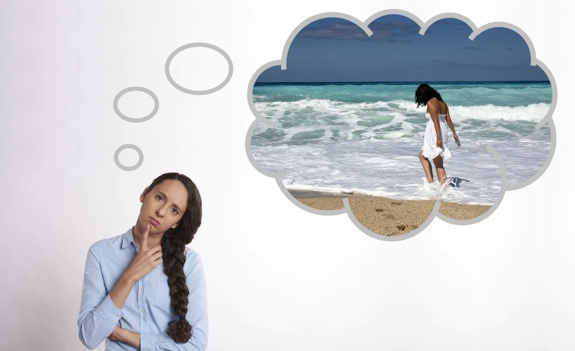 a woman standing on a beach with a thought bubble above her head, a picture, trending on pixabay, conceptual art, white bg, panoramic centered view of girl, is relaxing on a beach, focus on girl
