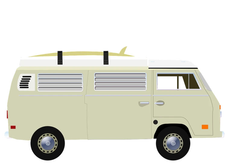 a white van with a surfboard on top, concept art, inspired by Wes Wilson, pixabay contest winner, minimalism, cream and white color scheme, profile view, kombi, safari