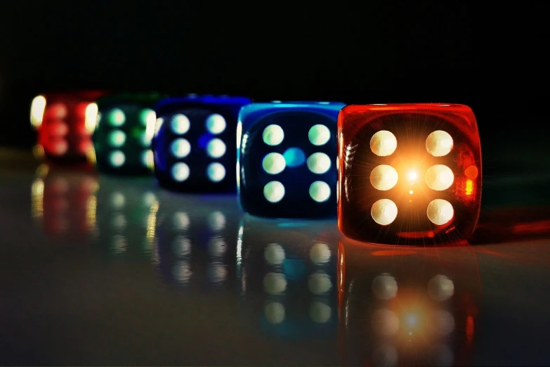 a row of dice sitting on top of a table, digital art, by Alexander Bogen, flickr, digital art, night light, crypto, profile pic, colourful close up shot