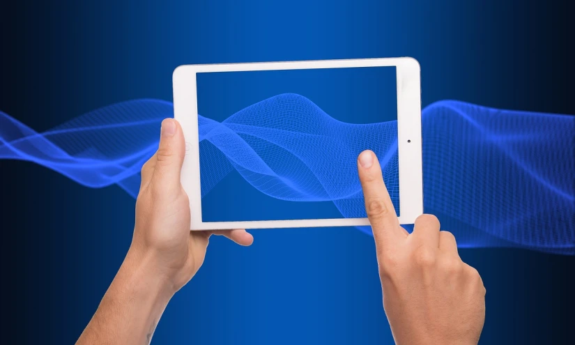 a person holding a tablet with a blue wave on the screen, pixabay, computer art, solid background, phone in hand, interacte smooth flowing lines, in blueprint form