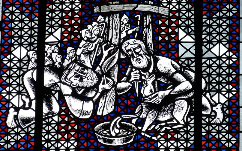 a black and white drawing of a group of people, a woodcut, by Robert Freebairn, sots art, stained glass background, the god of the forge, color and contrast corrected, cuisine