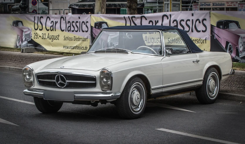 a white mercedes benz benz benz benz benz benz benz benz benz benz benz benz benz benz benz, a portrait, by Thomas Häfner, arabesque, convertable, an old, on a street, full res