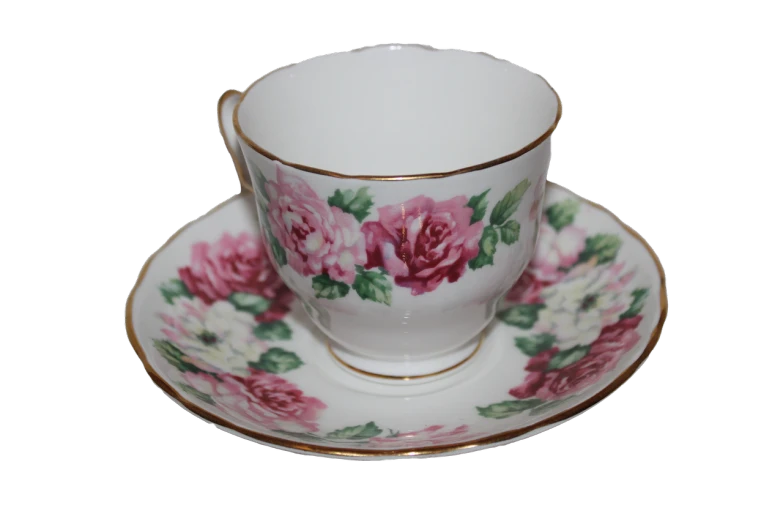 a close up of a cup and saucer, by Cicely Hey, flickr, romanticism, carnation, 5 4 s, riverside, aurora