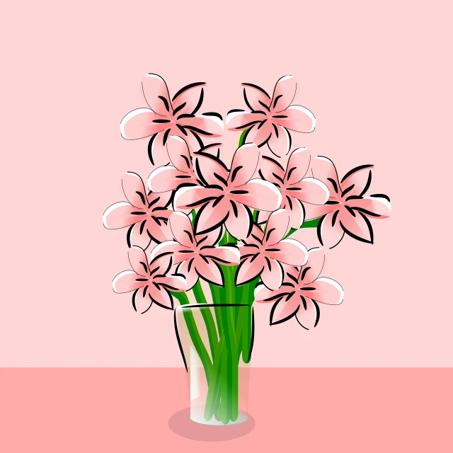 a vase filled with pink flowers on top of a table, a digital painting, modern simplified vector art, lily flower, light pink background, very stylized