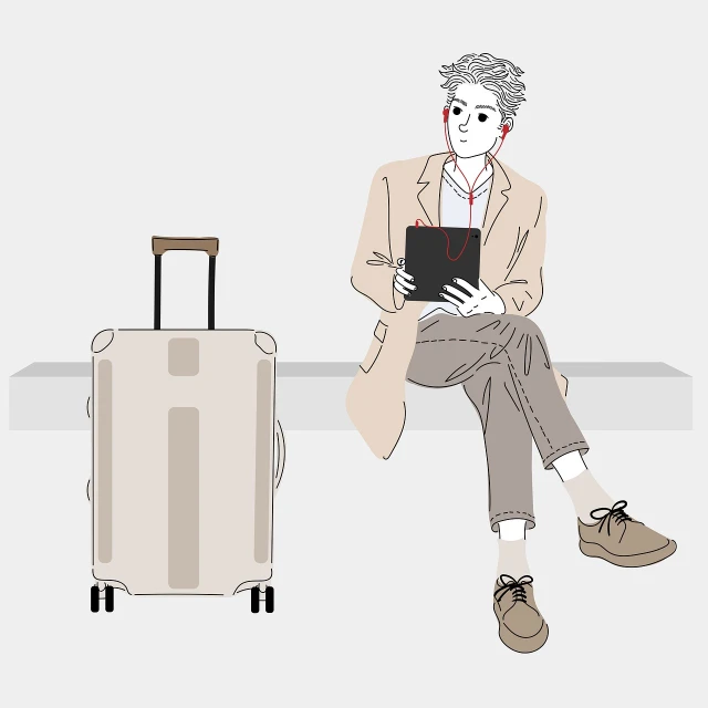 a man sitting on a bench next to a suitcase, an illustration of, minimalism, the look of an elderly person, wearing modern headphone, took on ipad, attractive androgynous humanoid