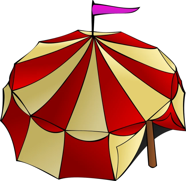 a red and white striped umbrella on a black background, inspired by The Family Circus, in a colorful tent, [[fantasy]], some red and purple and yellow, rounded roof