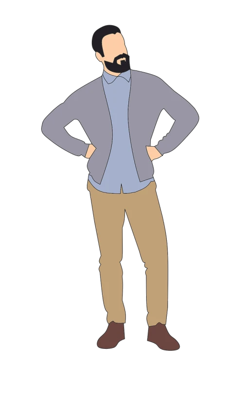 a man standing with his hands on his hips, a character portrait, inspired by Adam Chmielowski, trending on pixabay, wearing a cardigan, male teenager, wearing business casual dress, digitally colored