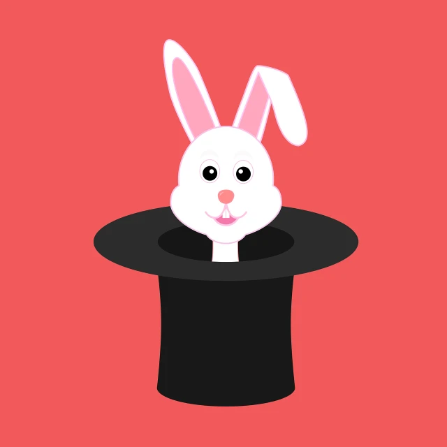 a rabbit sticking its head out of a top hat, vector art, flat vector, puppet, white head, simple and clean illustration