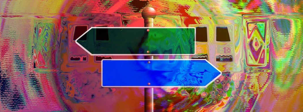 a couple of street signs sitting next to each other, a raytraced image, flickr, panfuturism, rainbow liquids, abstract liquid, technicolour 1, fractals!! water