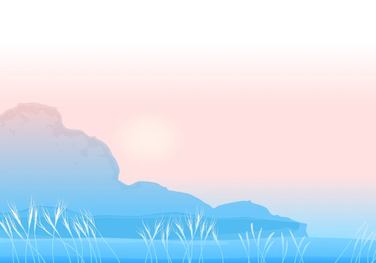 a large body of water with a mountain in the background, inspired by Katsushika Ōi, romanticism, pink gradient background, grass and rocks, background soft blue, sunrise