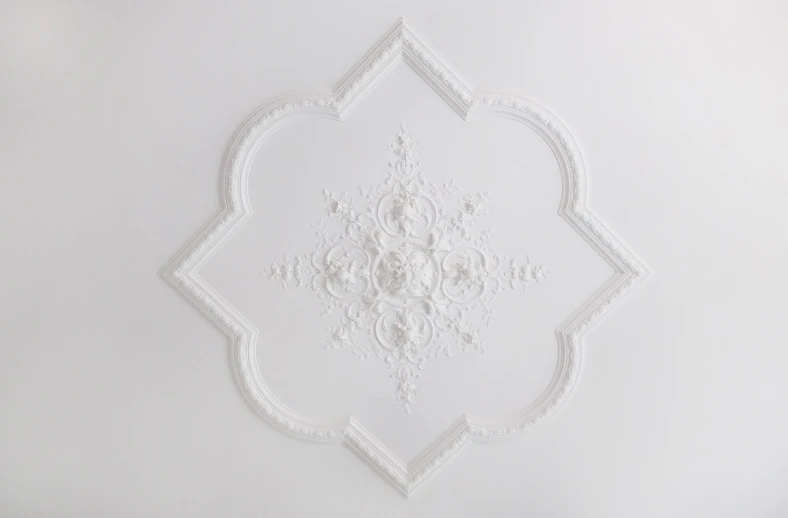 a white wall with a decorative design on it, inspired by François Barraud, flickr, baroque, simple ceiling, detailed product photo, white mechanical details, productphoto