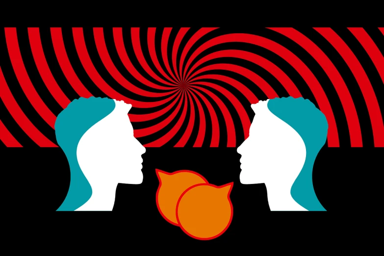 a couple of people standing next to each other, inspired by Milton Glaser, trending on pixabay, abstract illusionism, orange metal ears, retro psychedelic illustration, battle between good and evil, spirals in eyes