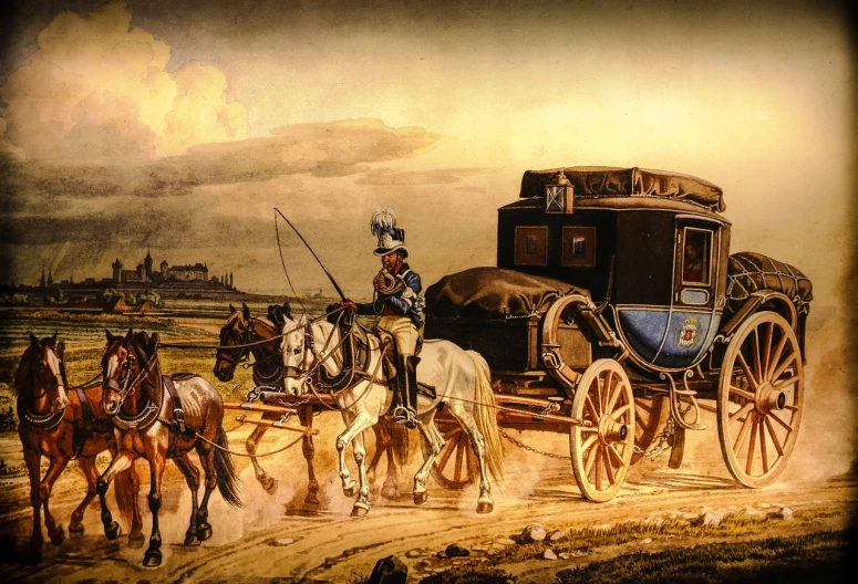 a painting of a horse drawn carriage being pulled by two horses, by Friedrich Traffelet, shutterstock, realism, bus, delivering mail, napoleonic wars, early evening