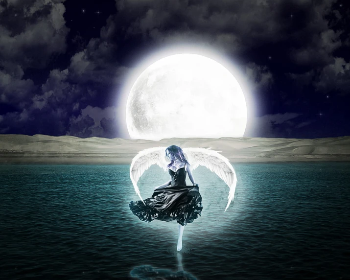 a woman sitting on top of a body of water under a full moon, digital art, fantasy art, angel with black wings, enhanced photo, photo - manipulation, white moon in the background