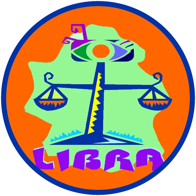the logo for a law firm, a cartoon, by Lisa Milroy, pixabay, figuration libre, zodiac libra sign, painting on a badge!!!!, coloured in blueberra and orange, trippy!!! symbolic