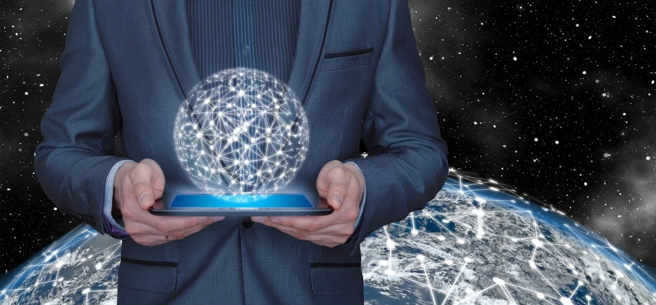 a man in a suit holding a tablet computer, a hologram, trending on pixabay, tree of life inside the ball, complexly detailed, geodesic, photo taken in 2 0 2 0