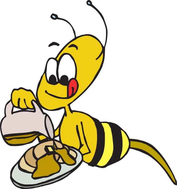 a cartoon bee holding a plate of food, an illustration of, happening, on black background, screensaver, breakfast, lowres