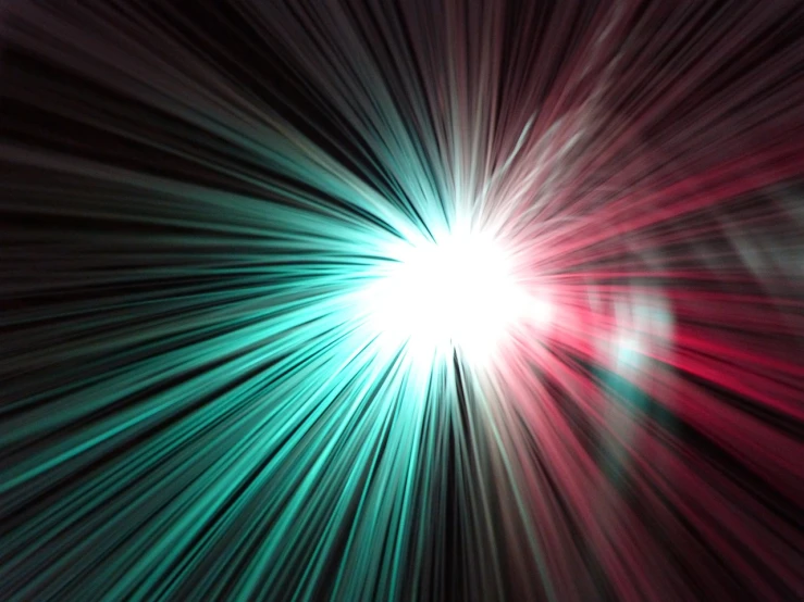 a bright light shines brightly on a black background, a raytraced image, by Julian Allen, pexels, red green black teal, light rays from above, lens zooming, pink white turquoise