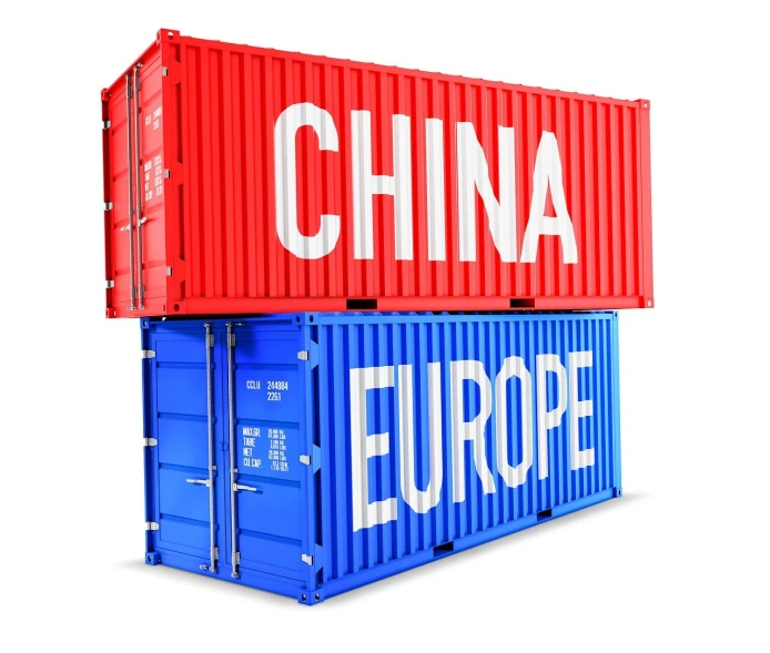 two red and blue shipping containers stacked on top of each other, a photo, european union, china, an ultra realistic, productphoto