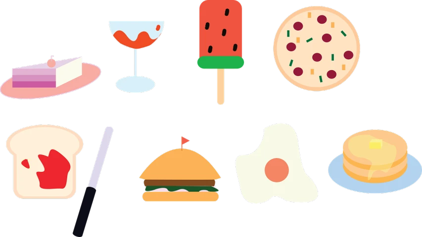 a bunch of food icons on a black background, concept art, unsplash, conceptual art, picnic, 💋 💄 👠 👗, sprite 2 d, manhattan