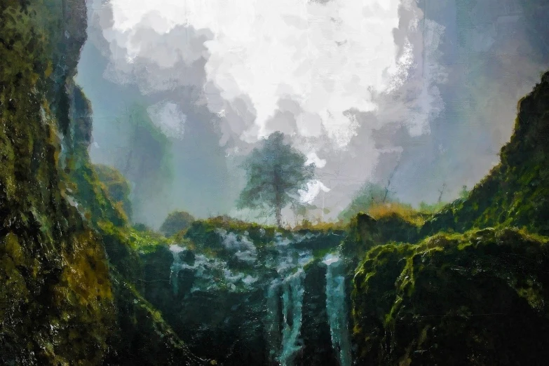 a painting of a waterfall with a tree in the middle, inspired by Kim Keever, Artstation contest winner, conceptual art, guweiz masterpiece, rozalski, 8k resolution.oil on canvas, digital oil on canvas