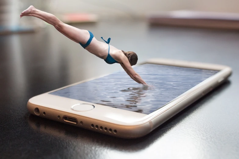 a cell phone sitting on top of a wooden table, a hyperrealistic painting, inspired by Chris LaBrooy, figuration libre, swimming to surface, miniature photography closeup, a woman floats in midair, digital sculpture