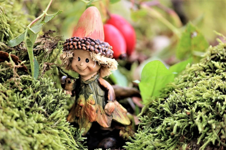 a close up of a small statue of a gnome, a macro photograph, inspired by Cicely Mary Barker, pixabay, figuration libre, woman made of plants, 🍂 cute, smiling as a queen of fairies, overgrown with exotic fungus