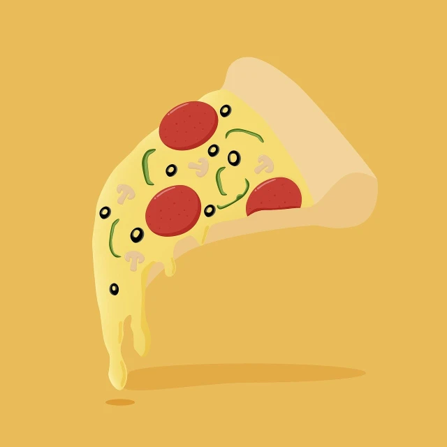 a slice of pizza on a yellow background, vector art, flat design, folded, mayo, gooey skin
