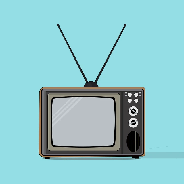 a black and white television sitting on top of a blue surface, vector art, vintage color, brown, antenna, on simple background