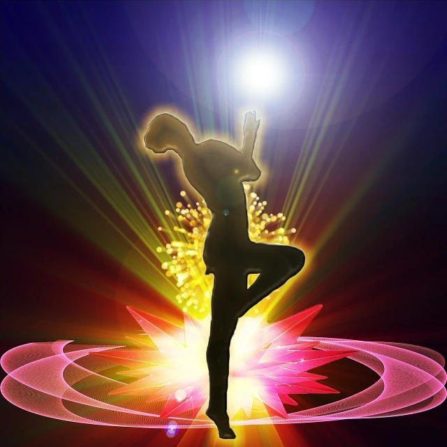 a silhouette of a woman doing a yoga pose, a digital rendering, by Wayne Reynolds, glowing holy aura, in a glowing skirt, bright flare, playful pose of a dancer