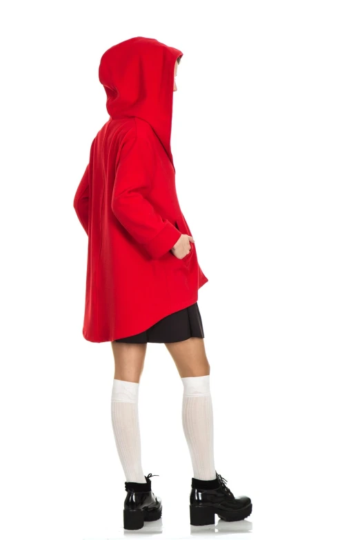 a woman in a red coat and knee high socks, inspired by Marina Abramović, shutterstock, cloak with hood, 3/4 side view, school girl, set against a white background