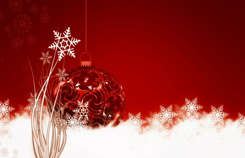 a red and white christmas ornament with snowflakes, a digital rendering, in a red dream world, right side composition, with lots of thin ornaments, savannah