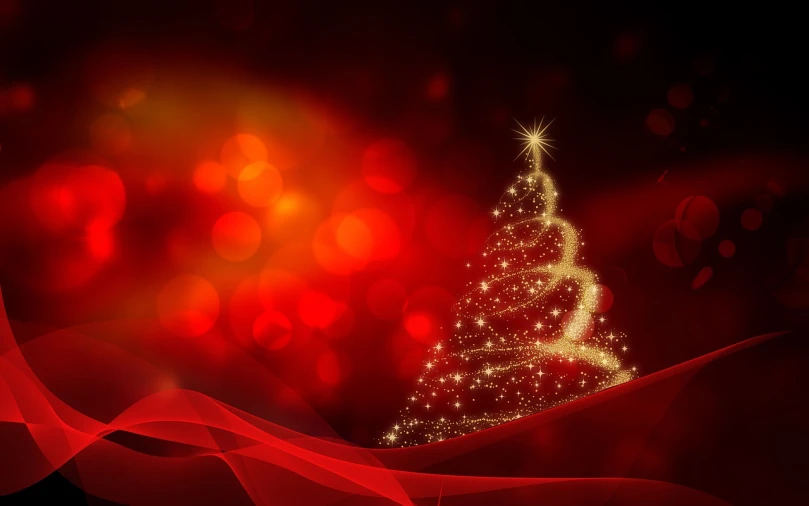 a close up of a christmas tree on a red background, digital art, glowing golden aura, high res photo