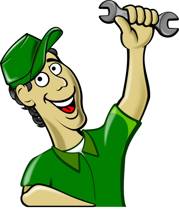 a man with a wrench in his hand, inspired by Luigi Kasimir, pixabay contest winner, green and black color scheme, happy friend, green shirt, cartoonish