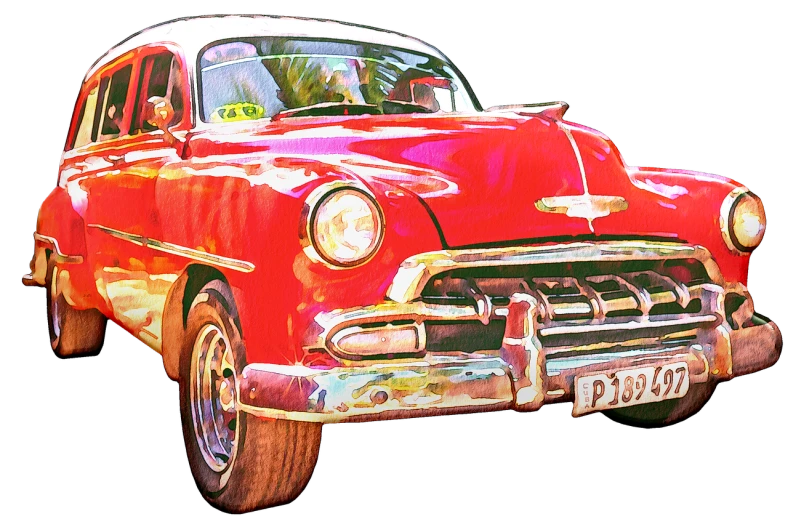 a painting of a red classic car on a black background, a digital painting, by Carlos Berlanga, pixabay contest winner, pop art, cuban revolution, on a bright day, ((oversaturated)), vintage colours 1 9 5 0 s