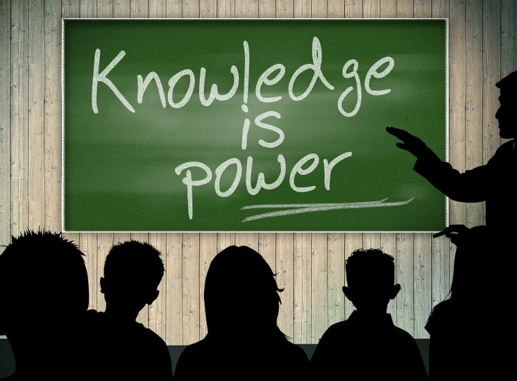 a blackboard with the words knowledge is power written on it, an illustration of, by Joseph Bowler, pixabay, silhouettes of people, powerful, knee, leaders
