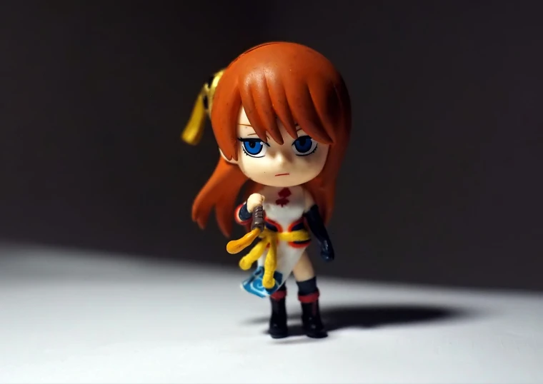 a close up of a figurine of a girl, inspired by Hirosada II, tumblr, shin hanga, red lightning!!, fry, mini figure, very very low quality picture