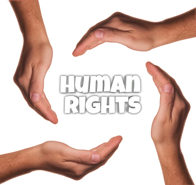 a group of hands surrounding the words human rights, a digital rendering, by Helen Berman, shutterstock, figurativism, humanoids, 2 0 1 0 photo, a man, single pair of hands