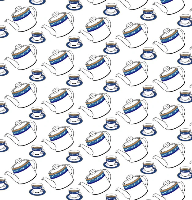 a bunch of cups of coffee on a table, lineart, by Kume Keiichiro, maximalism, repeating pattern, teapot, 1128x191 resolution, commercial illustration