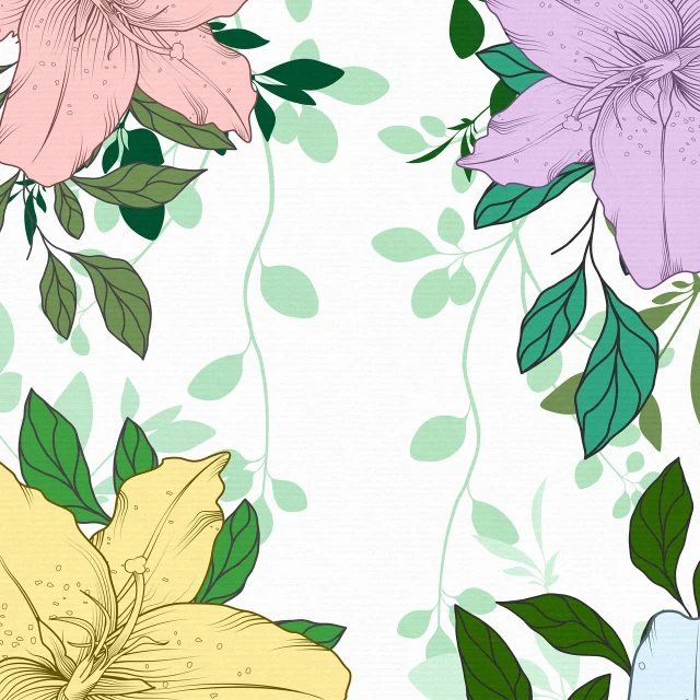 a bunch of flowers that are next to each other, a digital painting, art nouveau, exotic lily ears, flat color and line, pastel colours overlap, ivy vine leaf and flower top
