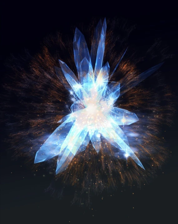 a close up of a snowflake on a black background, digital art, blue crystal exploding, orange spike aura in motion, volumetric light from above, melting into jolteon