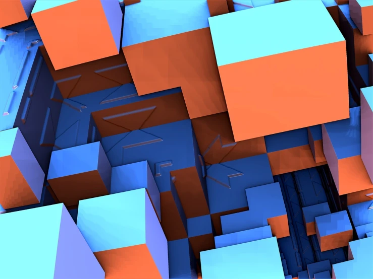 a bunch of blue and orange cubes sitting on top of each other, a screenshot, by Aleksander Kotsis, cubo-futurism, abstract scene design, alternate angle, sharp and blocky shapes, in a shapes background