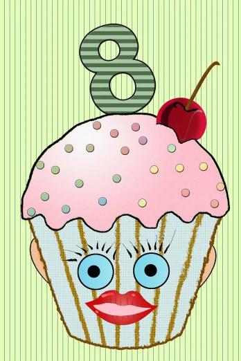 a cartoon cupcake with a cherry on top, a digital rendering, inspired by Tomi Ungerer, pop art, g6, face!!!! close - up, eight eight eight, patchwork doll