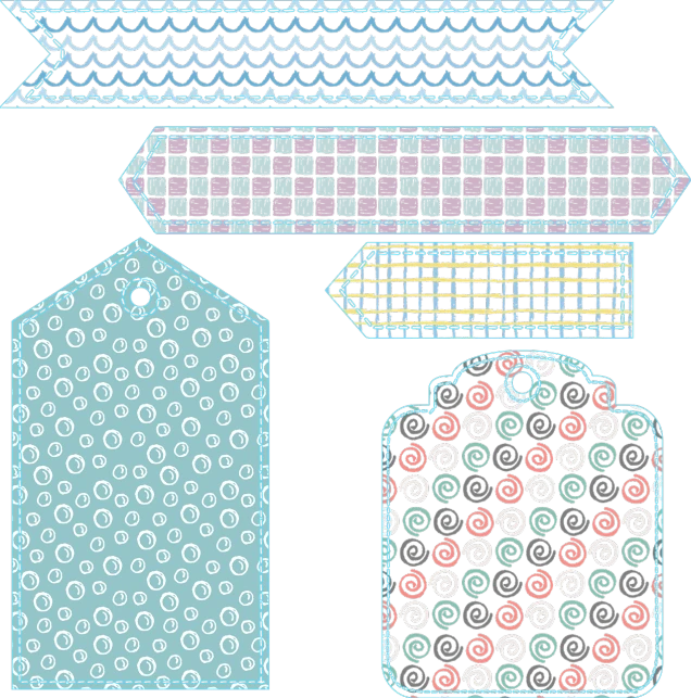 a couple of tags sitting on top of each other, vector art, op art, patterns and textures, screencapture, scrapbook paper collage, blue neon details