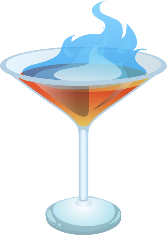 a glass filled with liquid sitting on top of a table, a digital rendering, inspired by Carlo Martini, orange fire/blue ice duality!, telegram sticker, cocktail bar, vectorized