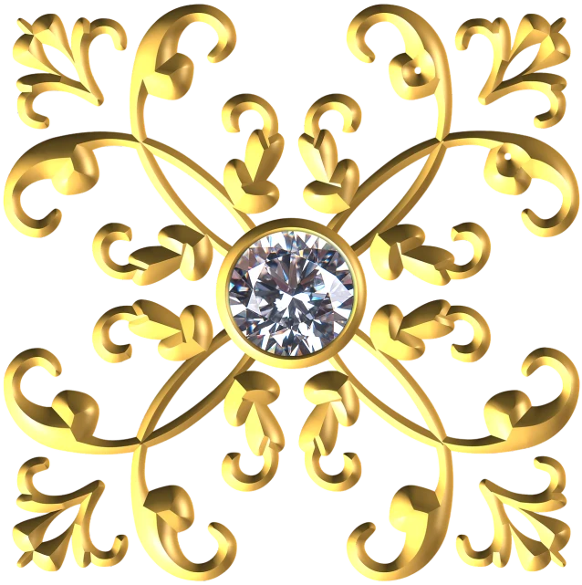 a gold snowflake with a diamond in the center, a digital rendering, baroque, baroque and rococo ornaments, onyx, detailed carved ornaments, stylized material bssrdf