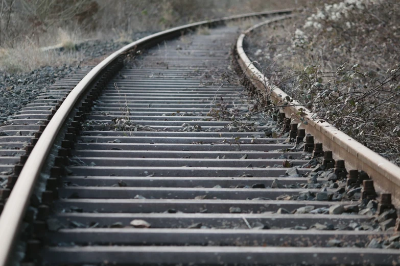 a close up of a train track with trees in the background, a portrait, postminimalism, bending down slightly, weathered, small steps leading down, outdoor photo