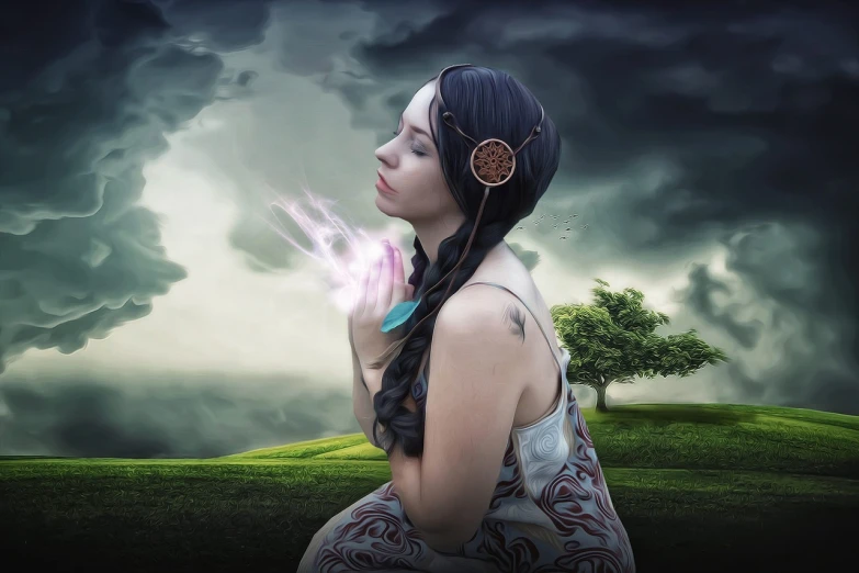 a woman sitting on top of a lush green field, digital art, inspired by Kinuko Y. Craft, fantasy art, she is attracting lightnings, portrait of a priestess, photo still of, casting a protection spell